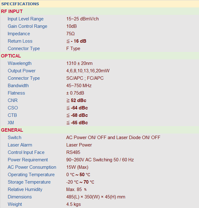 Máy phát quang 1310nm Winersat WIT-750 Máy phát quang 1310nm Winersat WIT-750